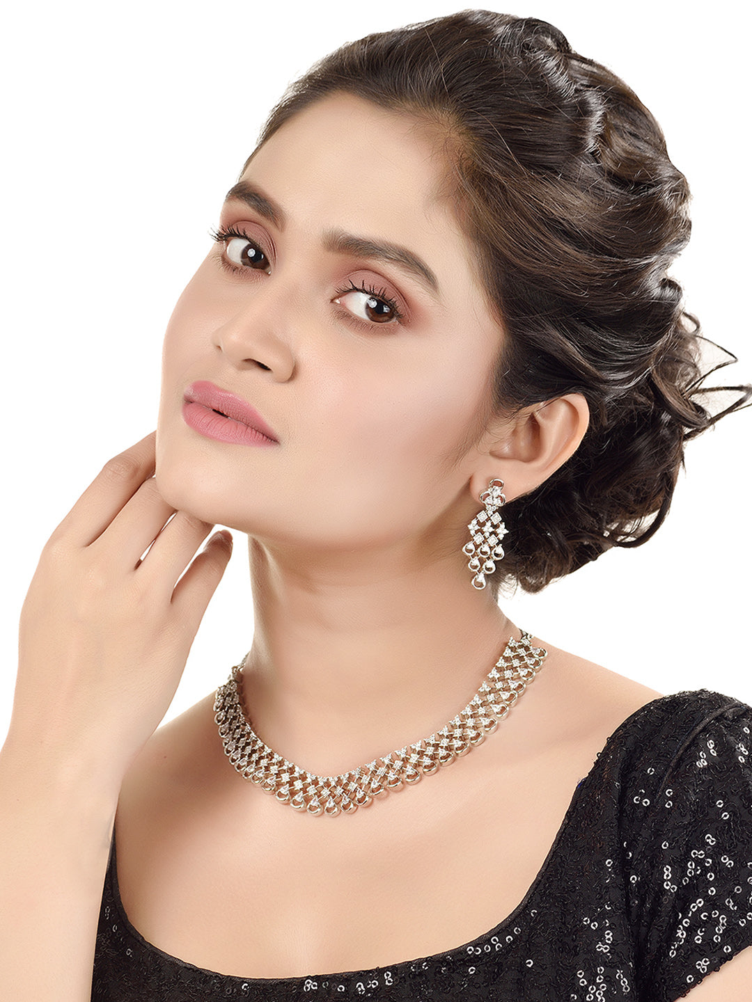 White Rhodium plated Unique Design AD studded Necklace Earrings Girls, zaveri pearls, sale price rs, sale price, sale gold plated, sale gold, sale, rubans, ring, regular price, priyassi jewel